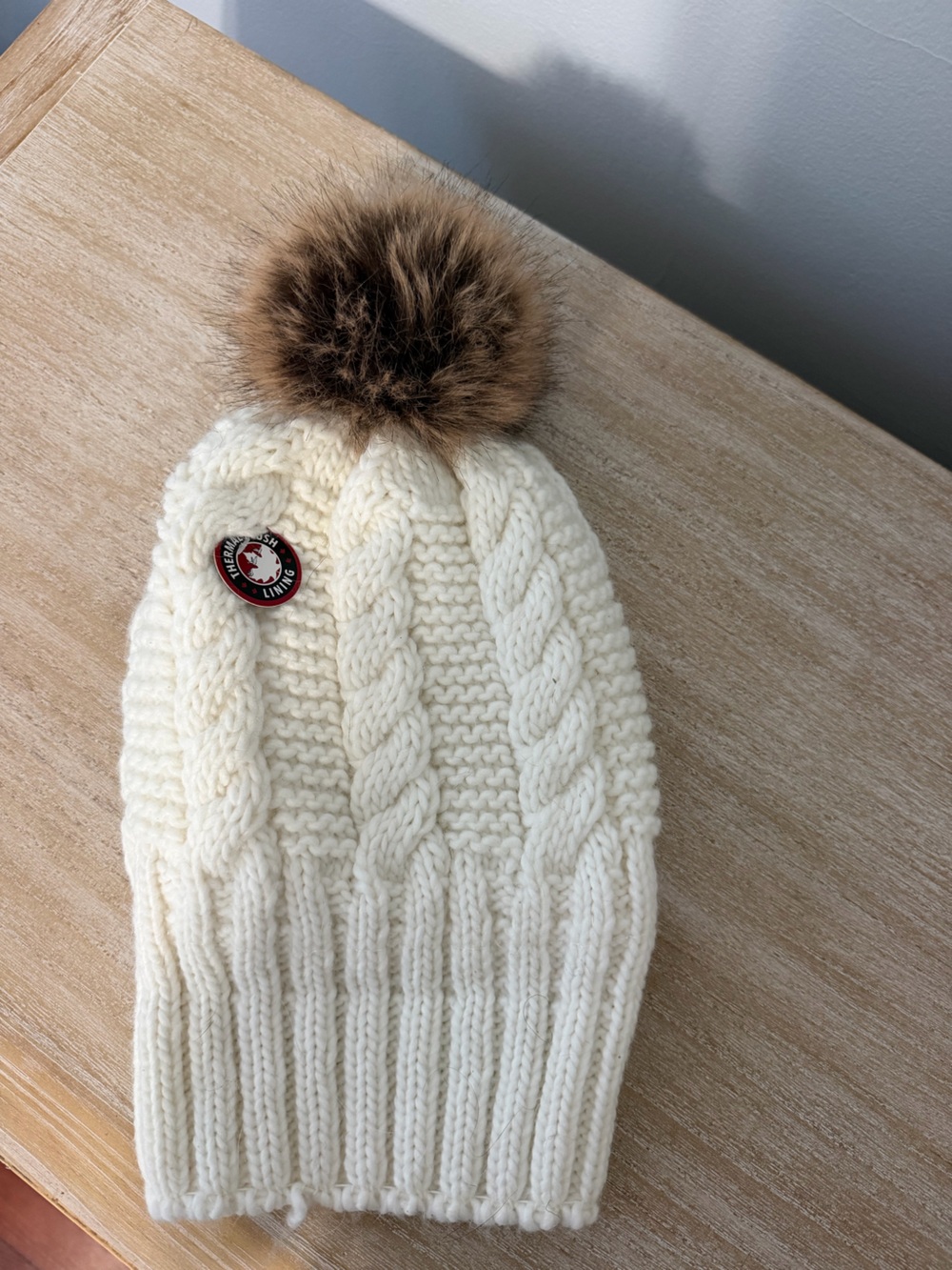 Cream Cable Knit Pom Pom Beanie for Kids